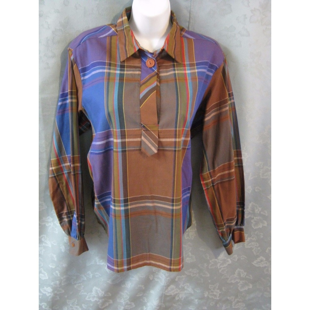 Vintage 60's Terry Chicago Pull Over Plaid Blouse Size 14